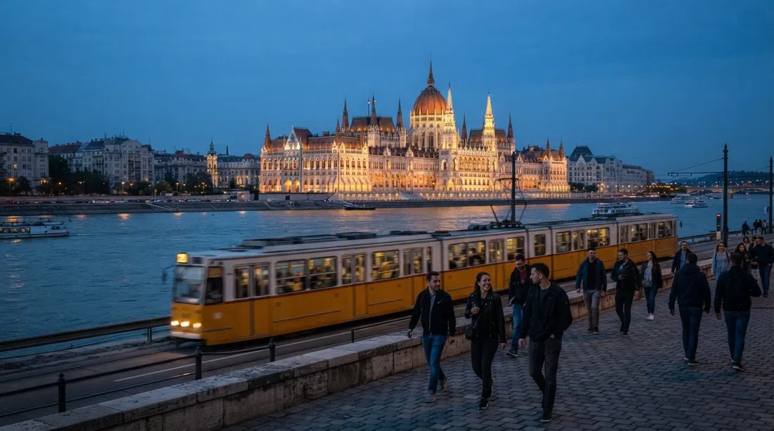 the Hungarian Parliament on the Danube at dusk, neo-Gothic spires lit against a blue sky with tram 2 sliding past the riverbank
