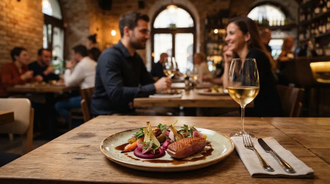a refined tasting plate at Borkonyha WineKitchen near the Basilica, modern bistro plating with a glass of Hungarian white wine on a warm-lit table