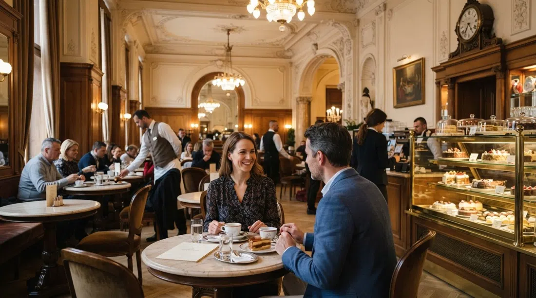 the elegant interior of Café Gerbeaud on Vörösmarty tér, marble tables, chandeliers and cake display cases under warm historic lighting