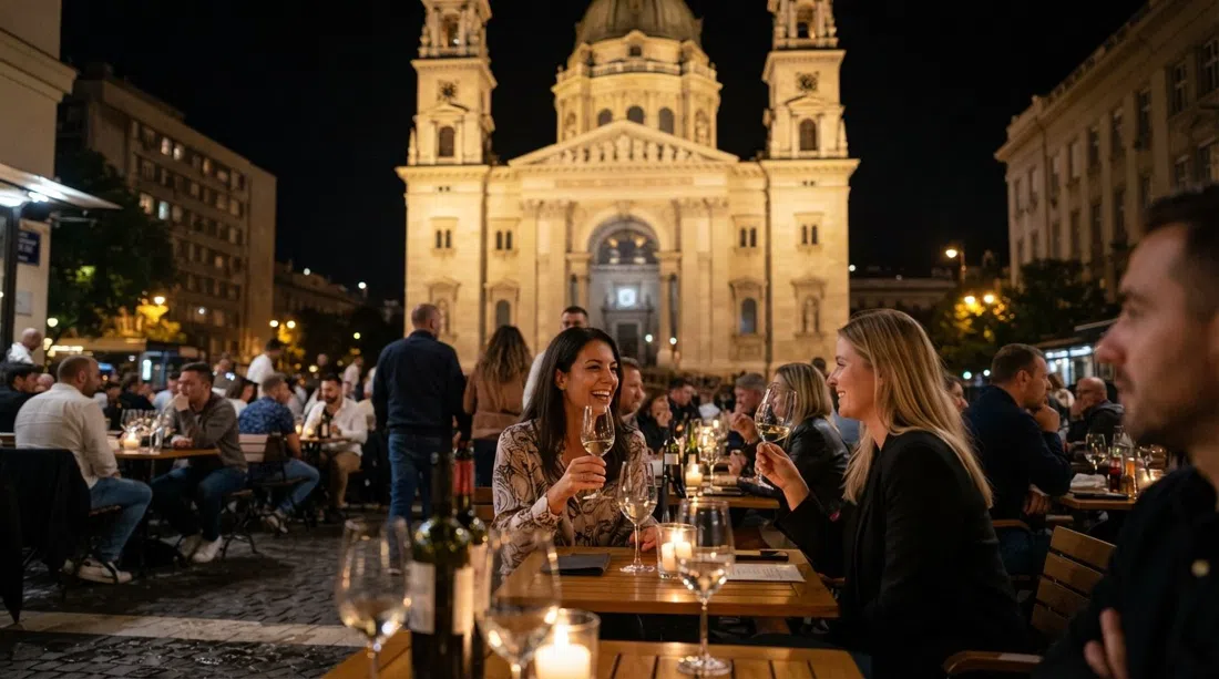 DiVino Bazilika terrace on Szent István tér at night, wine glasses catching light with St Stephen’s Basilica glowing behind the crowd
