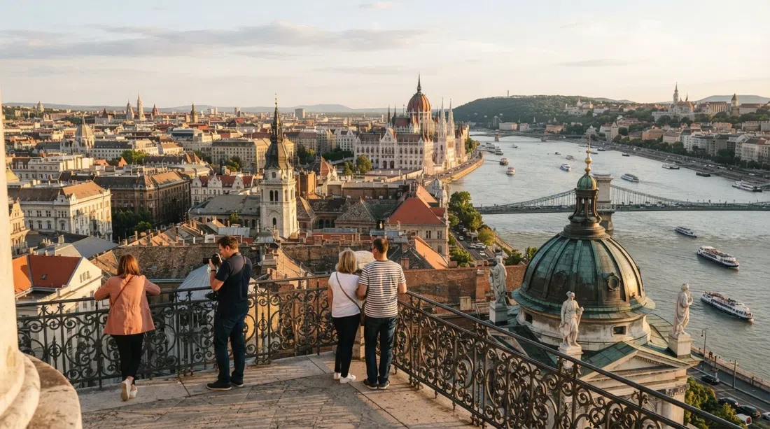 the panorama terrace of St Stephen’s Basilica at golden hour, looking over central Pest toward Parliament and the river