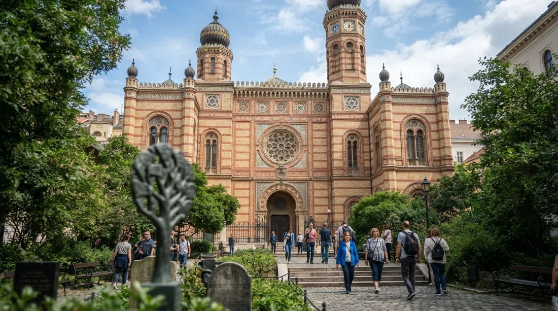 the Dohány Street Synagogue facade in Budapest at daylight, Moorish-Byzantine arches and striped brickwork rising above the memorial garden