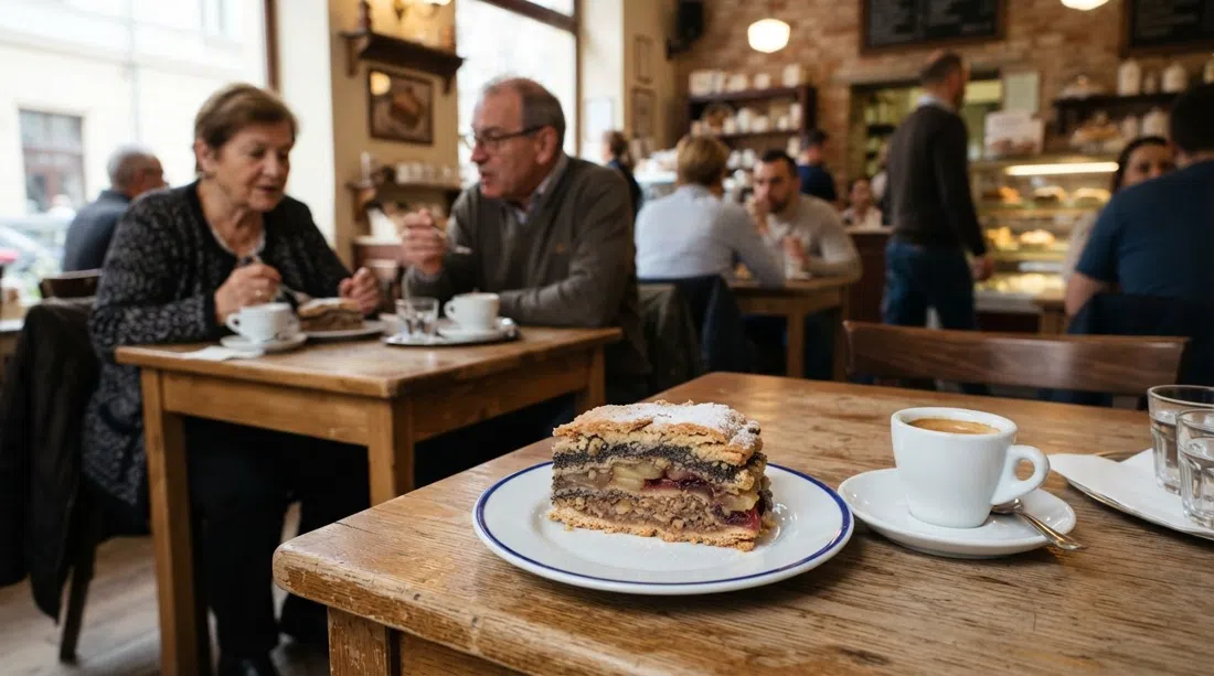 a slice of flódni at Fröhlich Cukrászda on Dob utca, the layered kosher cake shown close-up on a café plate beside a coffee cup