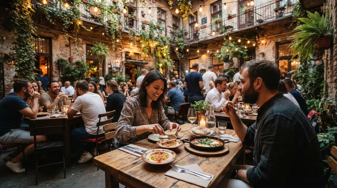 the plant-filled courtyard at Mazel Tov on Akácfa utca, warm evening light over tables set for hummus and shakshuka