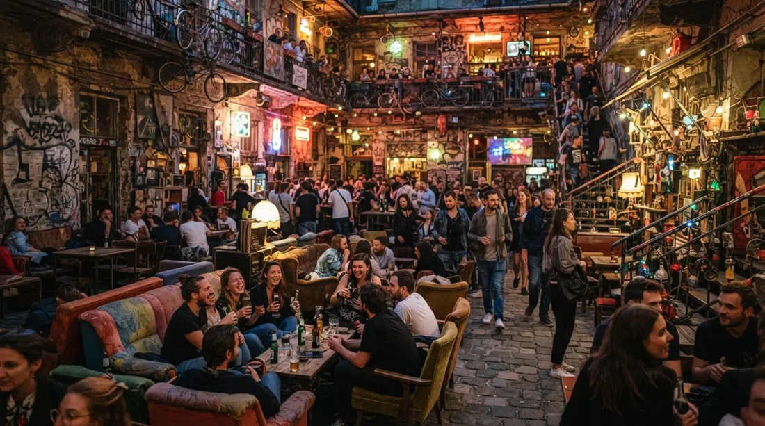 Szimpla Kert on Kazinczy utca at night, the courtyard packed with mismatched sofas, neon glow and people spilling between bars
