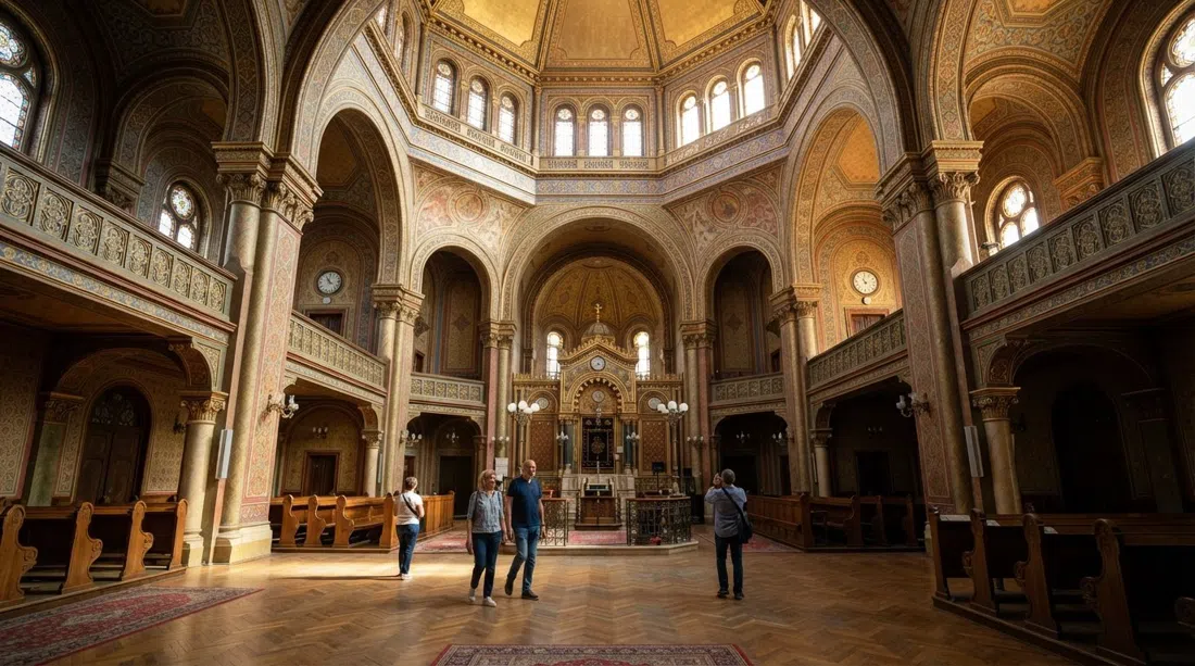 the restored octagonal interior of Rumbach Street Synagogue, Alhambra-inspired arches and light falling across the nave