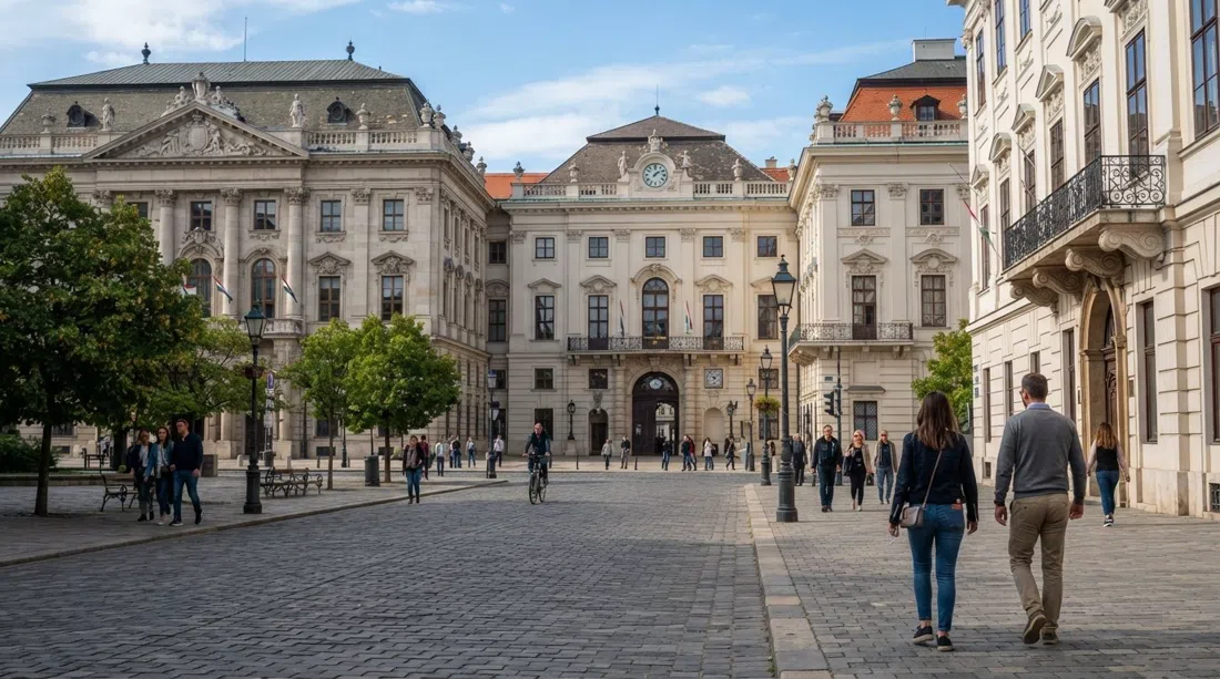 Pollack Mihály tér in the Palace Quarter, three aristocratic palaces lined up behind the Hungarian National Museum on a calm daytime street
