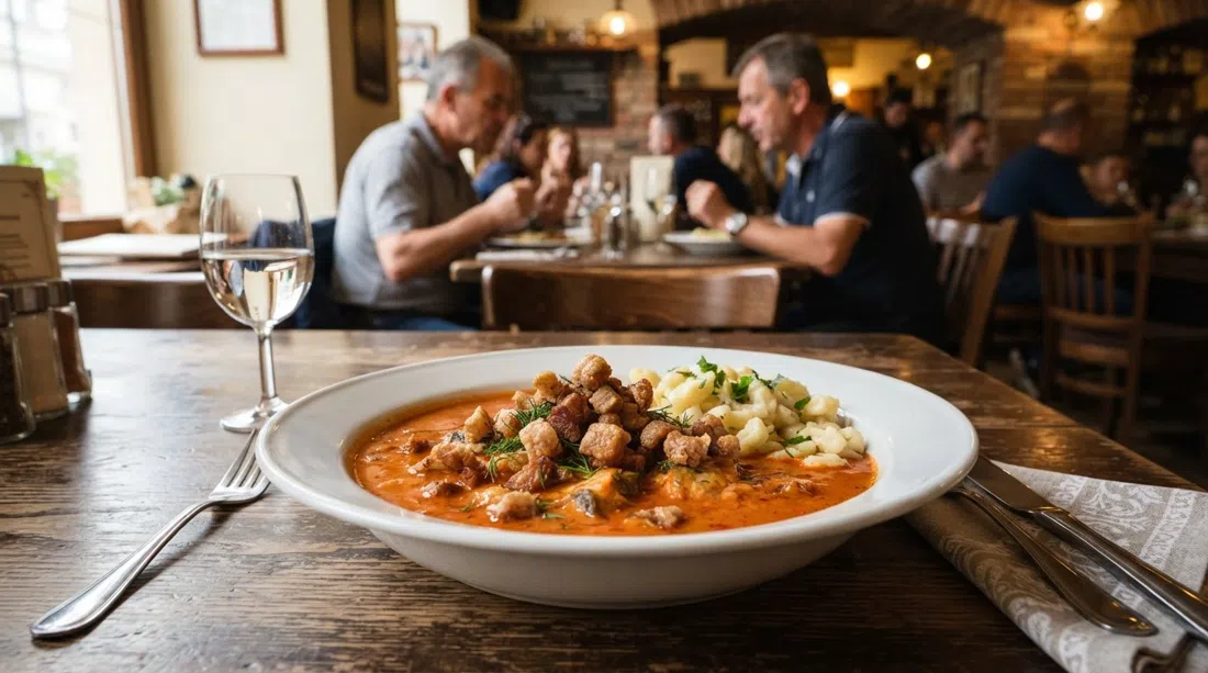 a plated catfish paprikash at Rosenstein on Mosonyi utca, topped with crisp pork crackling on a warm restaurant table