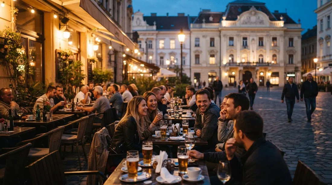 Mikszáth Kálmán tér at dusk with Lumen’s terrace tables, warm lights and people drinking coffee and beer outdoors