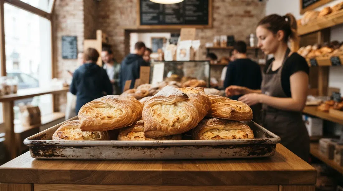 a tray of túrós batyú pastries at Három Tarka Macska, golden laminated layers and cottage-cheese filling on a bakery counter