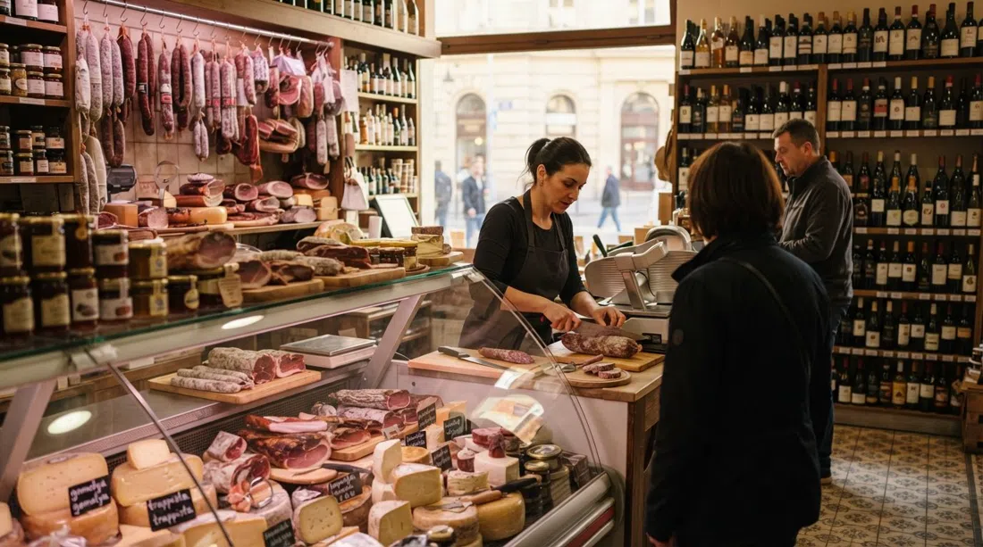 the deli counter at Sarki Fűszeres on Pozsonyi út, stacked Hungarian charcuterie, imported cheeses and wine bottles in warm afternoon light