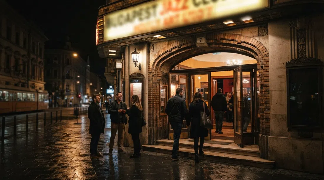 the entrance of Budapest Jazz Club on Hollán Ernő utca 7 at night, illuminated signage outside the converted 1937 cinema
