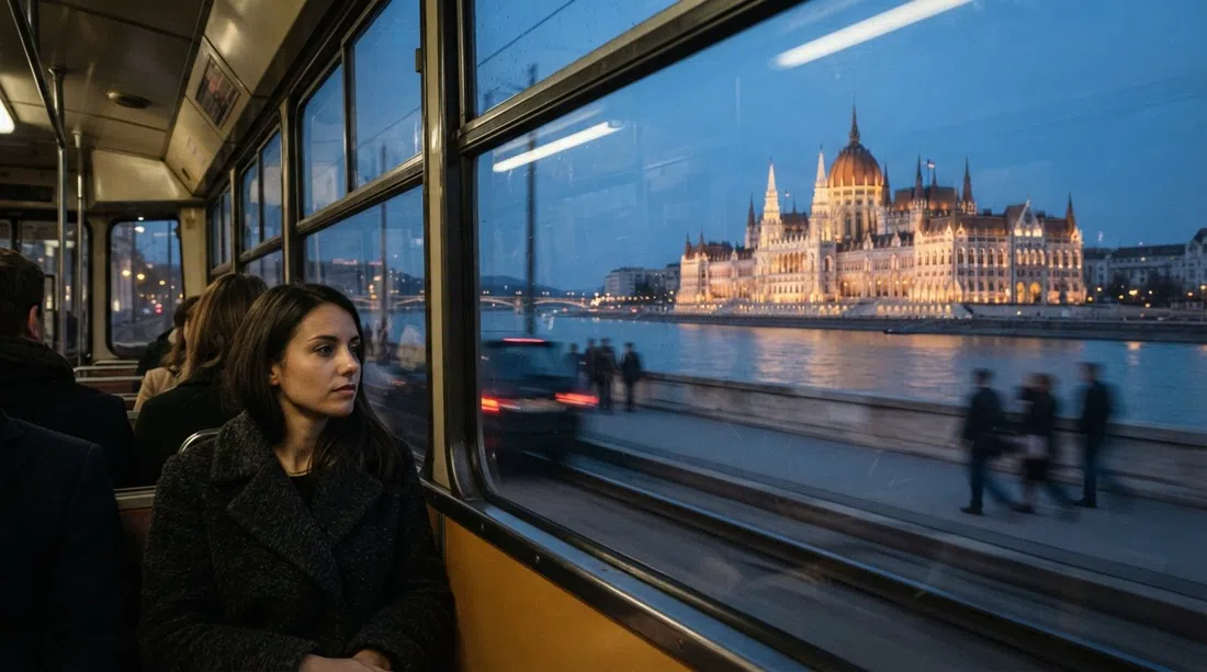 Tram 2 running along the Pest embankment with Parliament and the Danube in view from a window seat at dusk