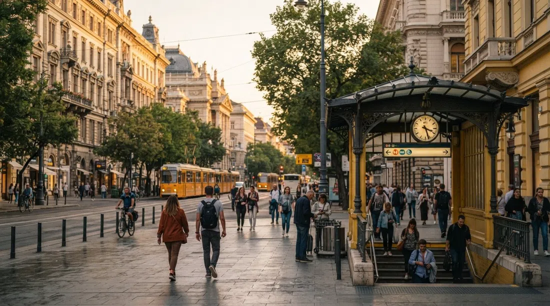 Andrássy Avenue in Terézváros at golden hour, neo-Renaissance façades, broad pavements and the yellow M1 entrance in the foreground