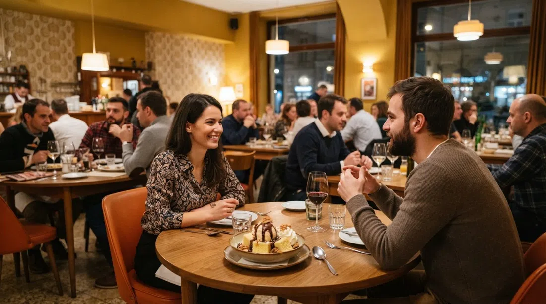 the retro 1970s-style dining room at Menza on Liszt Ferenc tér, busy tables, warm lights and plated somlói galuska dessert