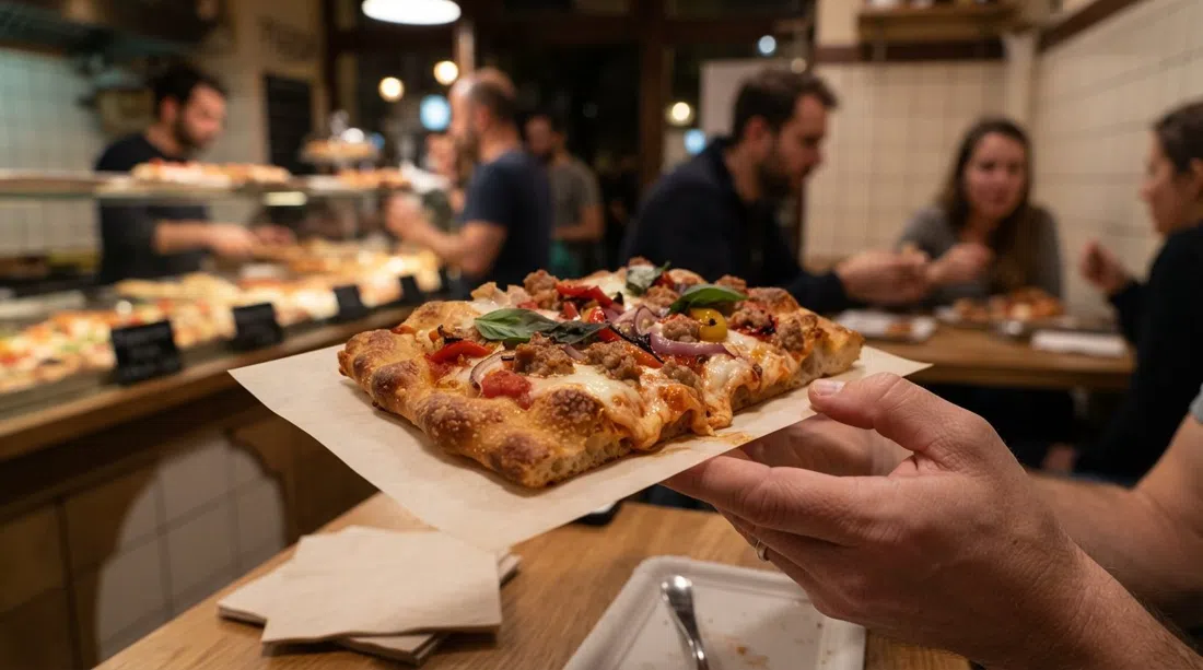 a rectangular Roman-style pizza al taglio slice at Pizzica on Nagymező utca, close-up of crisp crust and melted topping under late-evening light