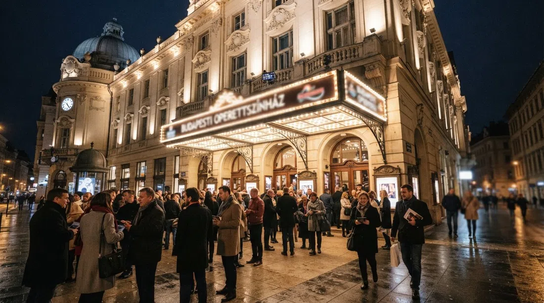 the illuminated façade of the Budapest Operetta Theatre on Nagymező utca at night, theatre-goers gathering under the marquee