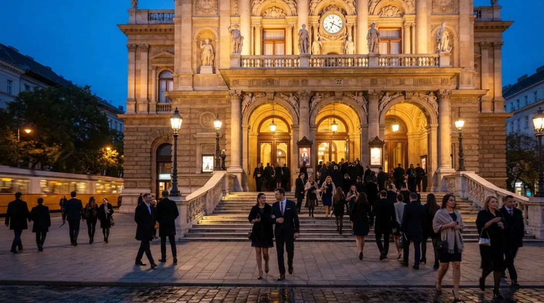 the Hungarian State Opera House on Andrássy út 22 at dusk, ornate neo-Renaissance façade glowing with people arriving for a performance