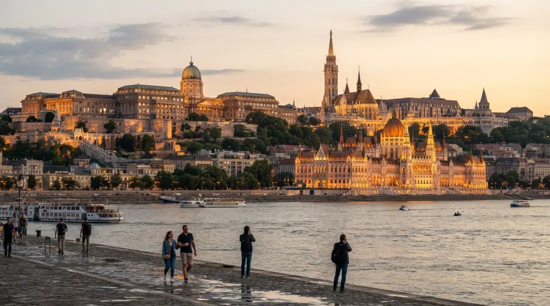 Buda slott, Matthias kyrka och Fiskarbastionen längs Slottsbergsryggen ovanför Donau i gyllene timmen, med parlamentet som lyser på andra sidan floden