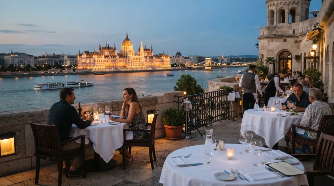 terrassen på Aranybástya med vita dukar, Donaupanorama och parlamentet på andra sidan vattnet i mjukt kvällsljus