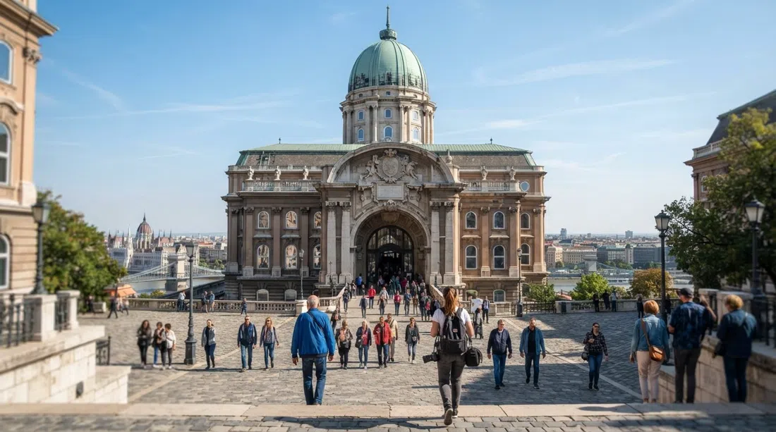 innergården och den kupolformade massan av Buda slott på ryggen, med besökare som går in i Ungerns nationalgalleri under klar eftermiddagshimmel