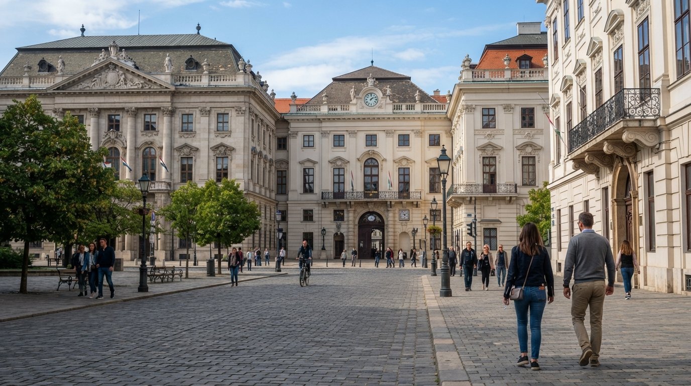 Place Pollack Mihály dans le Palotanegyed, trois palais aristocratiques alignés derrière le Musée national hongrois sur une rue calme en journée