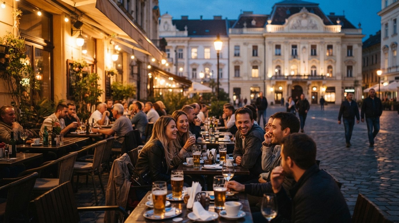 Place Mikszáth Kálmán au crépuscule avec les tables de la terrasse de Lumen, lumières chaudes et gens buvant café et bière en extérieur