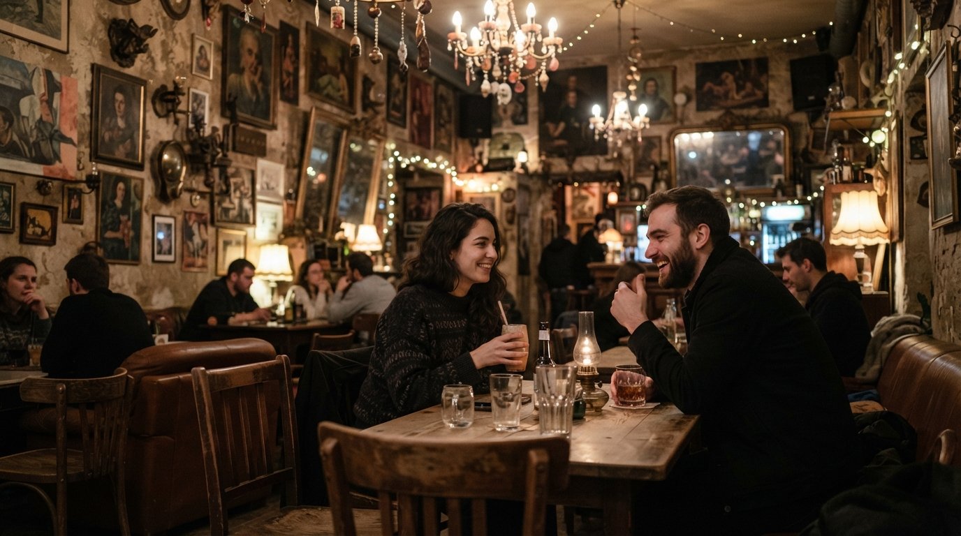 À l'intérieur de Csendes Létterem sur Múzeum körút, lustres au-dessus de murs couverts d'art et d'objets vintage disparates dans une lueur tamisée du soir