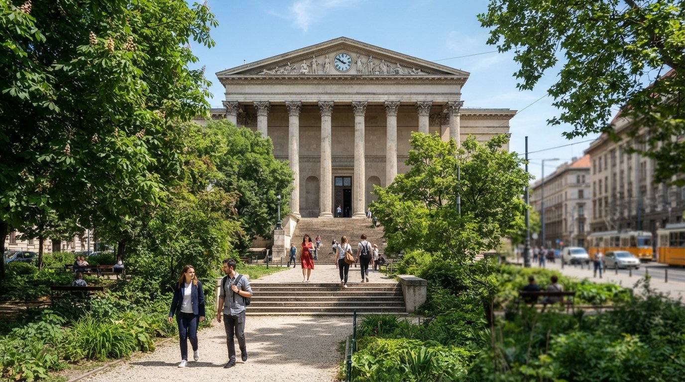 La façade du Musée national hongrois et son jardin avant feuillu sur Múzeum körút en pleine lumière du jour